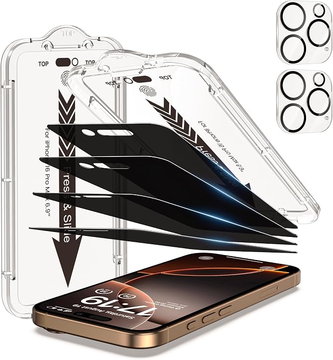 EZ-GLAZ-4+2 Pack for iPhone 16 Pro Max Privacy Screen Protector (6.9") | 2-Pack Lens Protectors, Alignment Kit, Easy Installation, 9H+ Tempered Glass, Scratch Resistant, 28° Privacy Protection by EZ-GLAZ