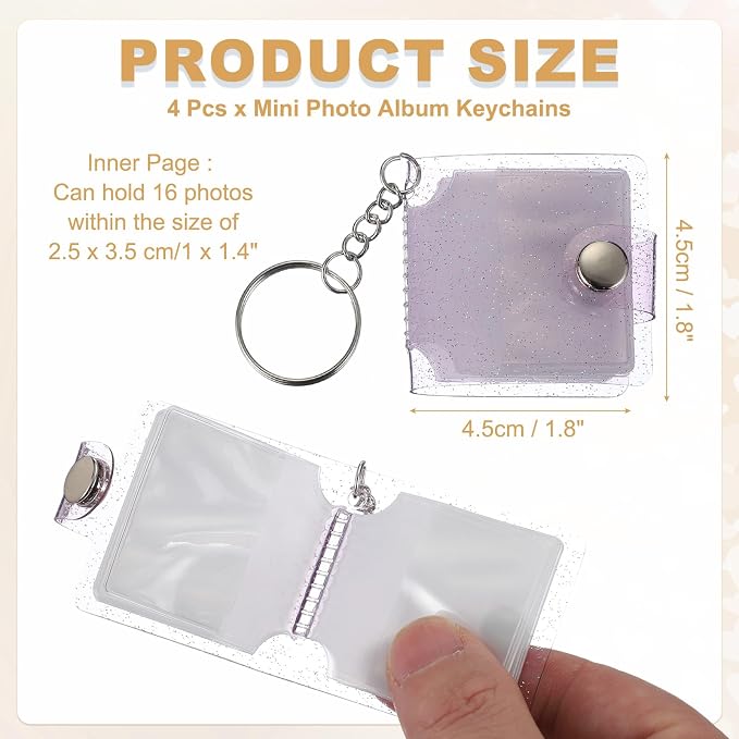 uxcell 4 Pcs Mini Photo Albums, 1.8 Inch PVC Small Photo Storage with Keychain Photo Album with 16 Pockets for Pictures Valentine's Day Gift Wedding, Purple - Image 2