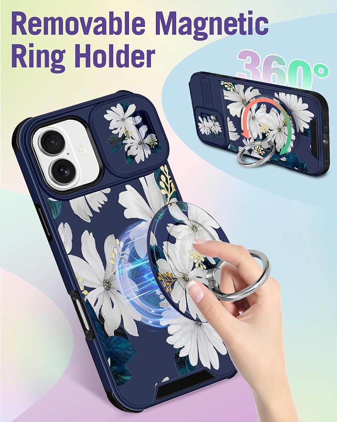 Buleens for iPhone 17 Case 6.3 Inch - with Ring Stand & Camera Cover Aesthetic Cute Designed for Women Girls Kawaii Pretty Girly White Floral Phone Case for iPhone 17 Compatible with Magsafe - Image 5