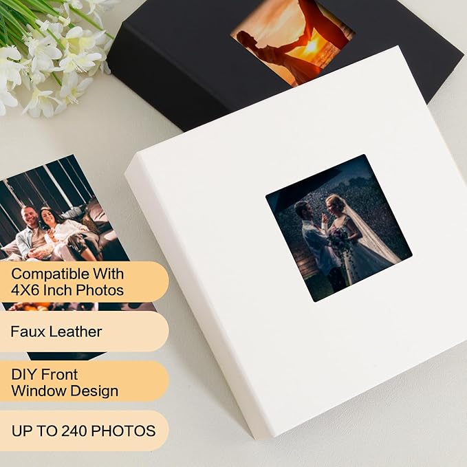 4x6 Photo Album Holds 240 Photos Writing Space, PU Leather, White | Clear Acid-Free Sleeves, Memo Writing Areas, Front Display Window, Baby, Wedding, Travel & Family Picture Keepsakes - Image 2