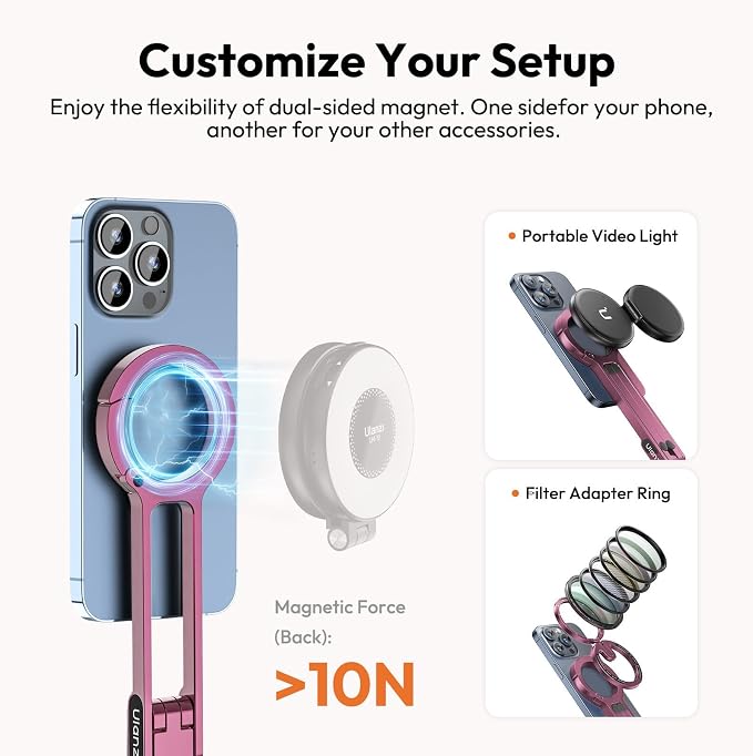 ULANZI MA30 Magnetic Phone Tripod Stand for iPhone - Aluminium Maglock Smartphone Mini Tripod Pocket Cell Phone Stand Strong Magnet Quick Mount Compatible with iPhone 17 16 15 14 13 12 Series, Pink - Image 6
