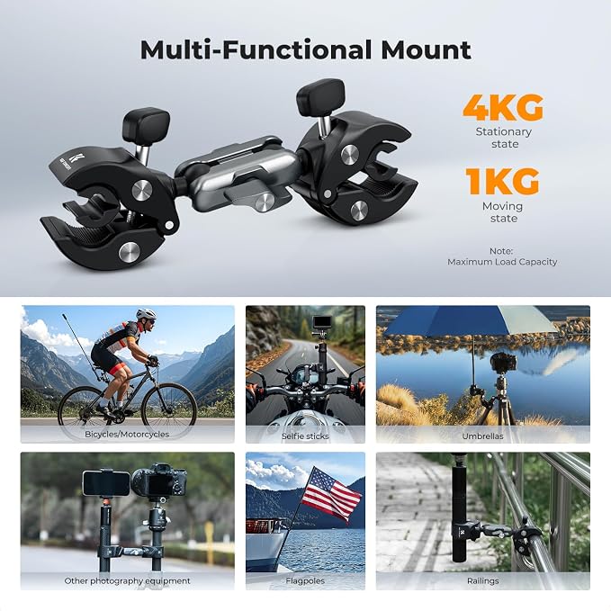 K&F CONCEPT Dual Super Clamp Camera Mount Bike/Motorcycle Handlebar Mount | 360° Ball Head Mount for Pole, Tripod, Desk, Flag, Umbrella, MS102 - Image 5