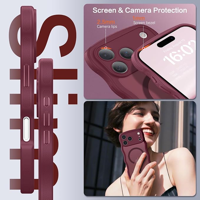 BENTOBEN Magnetic for iPhone 17 Pro Max Case, Cute Wavy [Full Camera Protection][Compatible with MagSafe] Matte Anti-Slip Bumper Women Men Boys Protective Cover for 17 ProMax 6.9",Cherry Red - Image 3