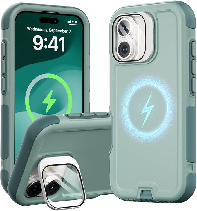 Follaroma Magnetic for iPhone 17 Case with Camera Cover Stand, Green, 6.3" | Built-in Glass Camera Cover Stand,Compatible with MagSafe,Heavy Duty Shockproof Protective,Military-Grade Anti-DropDual Case by Follaroma