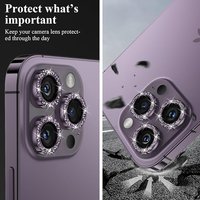 YWXTW Designed for iPhone 14 Pro/iPhone 14 Pro Max Camera Lens Protector Bling, [New Glitter Design] Individual Metal Tempered Glass Camera Cover Accessories Case Friendly, 1 Set (Purple Glitter) - Image 6