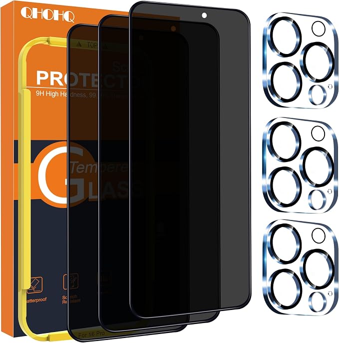 QHOHQ for iPhone 16 Pro Privacy Screen Protector + Camera Lens Protector | 3+3Pack Tempered Glass, Military Grade Shatterproof, Anti Spy Glass, Full Edge Coverage, Ultra Durable,with Installation Tool by QHOHQ