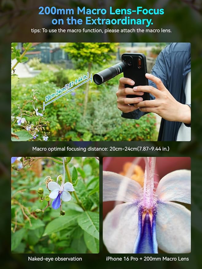 MIAO LAB 10X Telephoto Lens & 200mm Macro Lens, 2-in-1 Aluminum Phone Camera Lens Kit with Universal Clip. Phone Lens Attachment Fit for iPhone 16/15/14/13, Samsung, Android Phone and Most Smartphone - Image 4