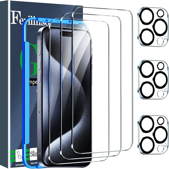 Ferilinso 3 Pack Screen Protector for iPhone 15 Pro, Tempered Glass, HD | 9H+ Hardness, Military-Grade Shatterproof, Case Friendly, Easy Installation Bubble Free, with Camera Lens Protectors by Ferilinso