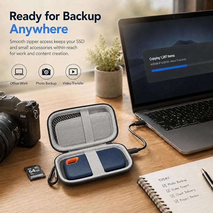 SSD Case for SanDisk Extreme Portable SSD & Extreme PRO, Hard Shell Protective Storage Bag with Carabiner, Fits 1TB 2TB 4TB 8TB External Solid State Drive for Business Travel (Blue) | Elastic Strap Secures the SSD, Mesh Pocket Organizes Cables, Carabin... - Image 6