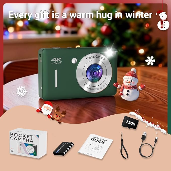 Digital Camera for Kids, FHD 1080P 44MP Point and Shoot Digital Camera with Face Detect, Smile Capture, 16X Zoom, 20 Filters, Anti Shake, 32GB SD Card Green Compact Vintage Camera - Image 8