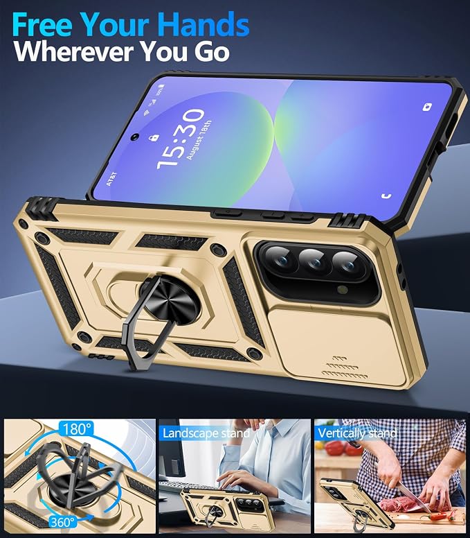 Taisairu for Samsung Galaxy A37 Case/A36 Case with Screen Protector & Slide Camera Lens Cover, Built-in Ring Stand Shockproof Protective Case for Samsung A37 5G Case/Samsung A36 5G Case (Gold) - Image 3