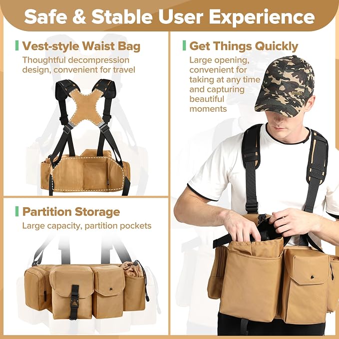 Camera Belt Camera Vest for Photographers,Vest Waist Pack for Lens | Multifunctional Camera Bag Adjustable Strap Suitable for Storing DSLR Camera Body Lens Smartphone Water Bottle(Khaki) - Image 4