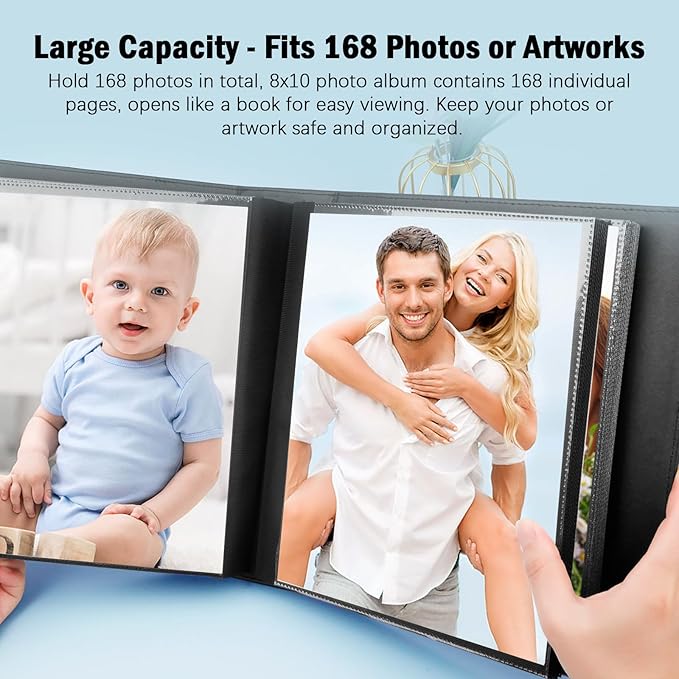 Aevdor 8x10 Photo Album, 168 Photos, Leather Cover, Black | Large Capacity, Side-Loading Clear Pockets, Vertical 8x10 Layout, Black Inner Pages, Wedding, Travel, Baby & Family Memories - Image 2