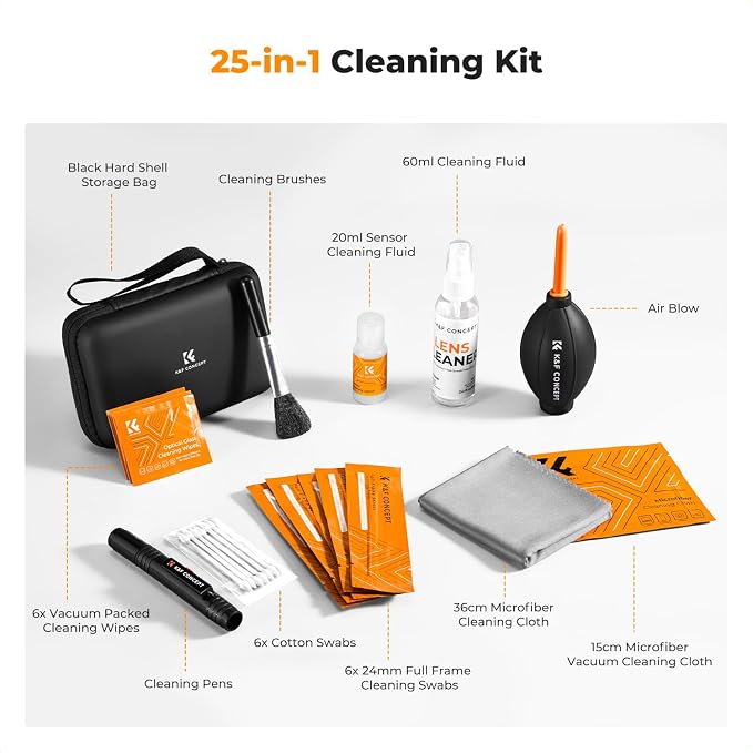 K&F CONCEPT 25 in 1 Camera Cleaning Kit, Full Frame Lens and Sensor Cleaner | 24mm Vac-Sealed Swabs,Lens Pen,60 and 20ML Lens Cleaner,Cloth,Blower,Hard Case, for Canon Nikon Sony DSLR Mirrorless,MK02 - Image 2