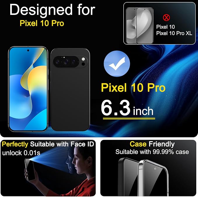Ferilinso 3 Pack Privacy Screen Protector for Google Pixel 10 Pro | 9H+ Tempered Glass, Military-Grade Shatterproof, HD, Case Friendly, Easy Installation Bubble Free - Image 2