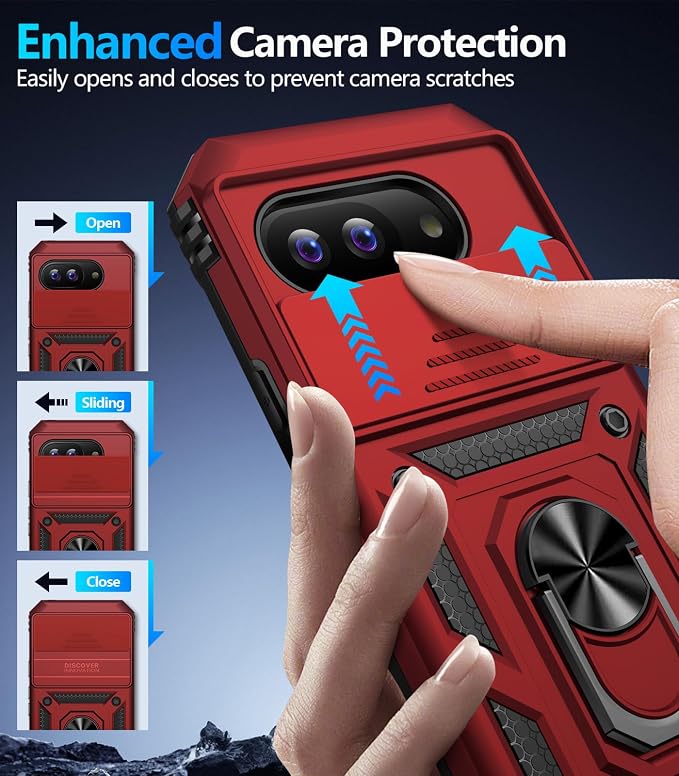 Taisairu for Google Pixel 9A Case with Screen Protector & Slide Camera Lens Cover, Built-in 360°Rotate Magnetic Ring Stand Shockproof Protective Phone Case for Google Pixel 9A Case (Red) - Image 6