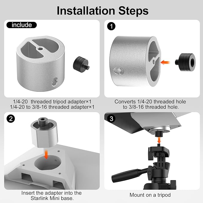Starlink Mini Tripod Adapter Fits 2026-2024 Mini Pipe Mount, CNC Aluminum | 1/4''-20 & 3/8"-16 Thread, Starlink Mini Accessories for Quick Release Plates, Tripods, Clamps,Ram and Ball Mounts,Silver - Image 6