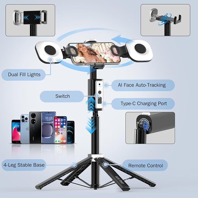 Auto Face Tracking Tripod for iPhone, Android & Camera, 60" Extendable Selfie Stick Tripod with Light and Remote, No App, 360° Rotation Phone Holder for TikTok, YouTube, Vlog, Live Streaming - Image 6