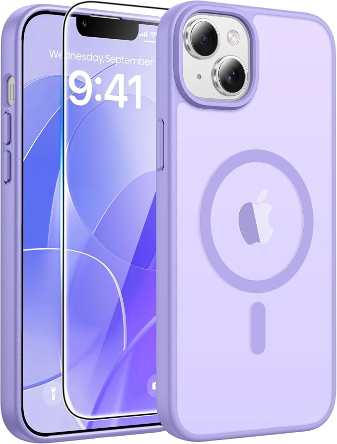 FNTCASE for iPhone 15/14 Plus Case, Fit for Magsafe, Screen Protector | Translucent Matte Magnetic Back, 14FT Military Grade Drop Protection, Shockproof Protective Phone Cover, Light Purple by FNTCASE