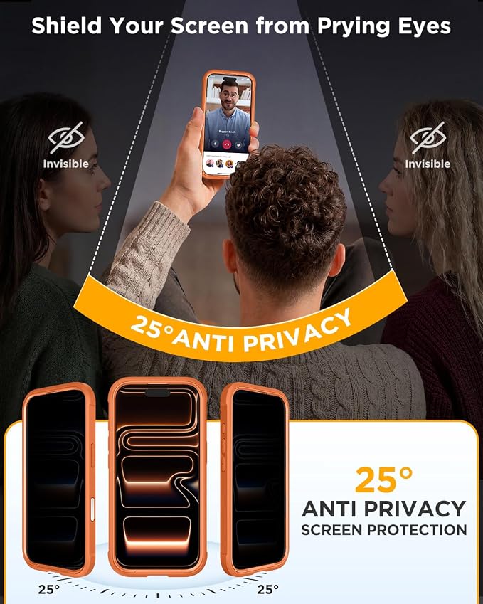 miracase for iPhone 17 Pro Privacy Series Case, Magsafe, Orange | Built-in Privacy Screen Protector | 360° Full Protection | Colored Bezel & Clear Back | Shock-Absorbent | 6,3 Inch - Image 2