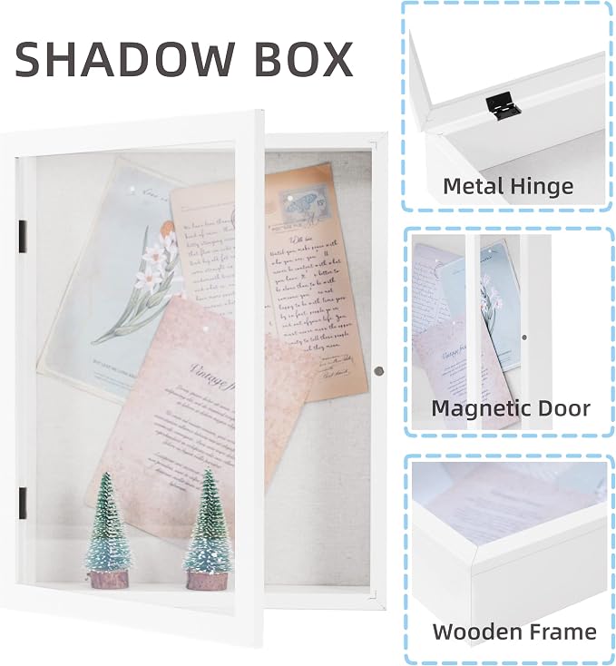 Muzilife 11x14 Shadow Box Wood Picture Frame, 2.16 Deep, Real Glass, White | FSC-Wood, Magnetic Door, Linen Interior & Pins, Vertical, Horizontal Wall Hanging, Display Case Frame for Photos & Keepsakes - Image 4