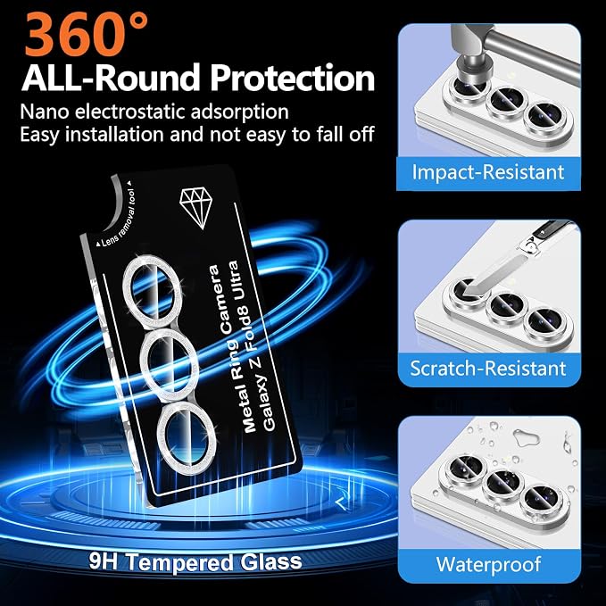 for Samsung Galaxy Z Fold 8 Ultra Camera Lens Protector, Individual Metal Ring Tempered Glass Lens Cover, [Strong Adsorption] Scratch Resistant Ultra-Thin HD Clear Lens Cover, 1 Set-Silvery Sparkly - Image 2