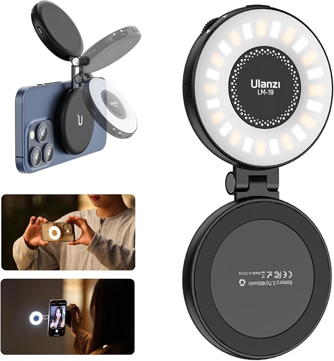 ULANZI LM19 Magnetic Selfie Light, LED Phone Ring Light for iPhone MagSafe, CRI95+ 2500K-8500K Portable Magnetic Phone Fill Lights for Selfies TikTok Video Call Makeup Photography YouTube Vlog - Black by ulanzi