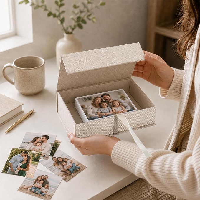 Vienrose Small Photo Storage Box, 5"x7", Linen Postcard Keeper, Beige | 1Pc Sturdy Linen Cover Box for Photos, Postcards & Sticker Storage, Perfect for Home, Office, Craft Room, and Travel - Image 3
