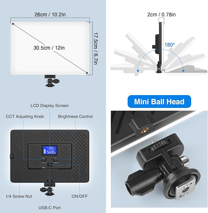 20W LED Video Photography Light Panel, Type C& Built-in 4000mAh | Portable Camera Soft Light, Built-in 4000mAh Battery Type C, 2500K-8500K, For Video Recording Live Streaming, Outdoor Indoor - Image 6