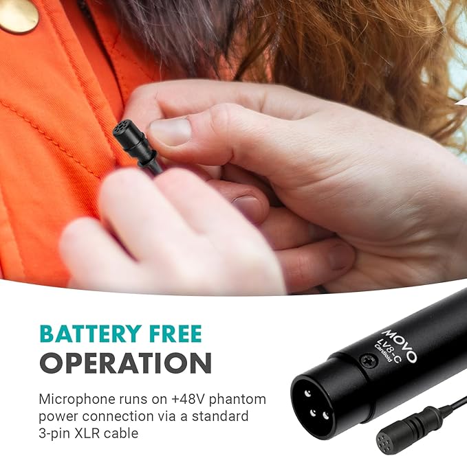 Movo LV8-C Broadcast-Quality XLR Lavalier Cardioid Condenser Wired Microphone with 12mm Mic Capsule for Accurate Voice Recording - Kit Includes Lapel Clip, Case and Windscreen - Image 5