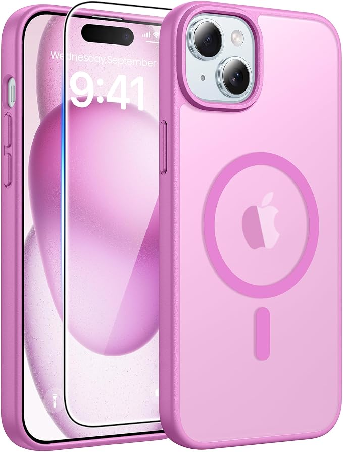 FNTCASE for iPhone 15/14/13 Case, Fit for Magsafe, Glass Screen Protector | Translucent Matte, Magnetic Phone Cases, 14FT Military Grade Drop Protection, Slim Shockproof Protective Cover, Pink by FNTCASE