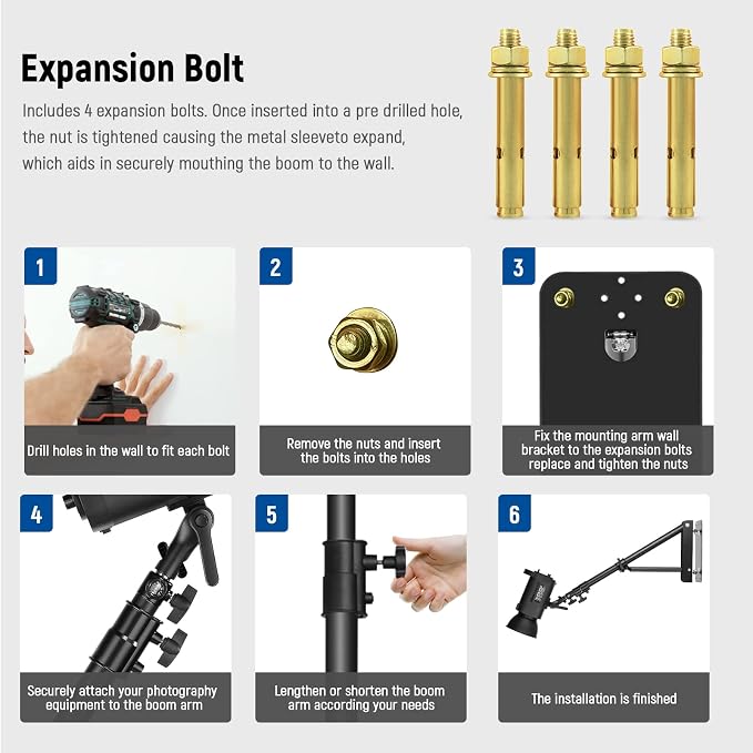 NEEWER Wall Mounting Triangle Boom Arm for Photography Light, Strobe | For Monolight, Softbox, Umbrella, Reflector, Ring Light, Supports 180 Degree Rotation, Max Length 4 Feet/125cm, Black - Image 6