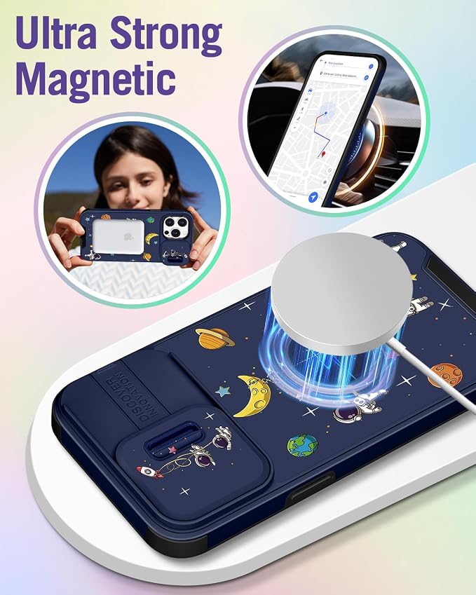 Buleens for iPhone 13 Pro Max Case - with Ring Stand & Camera Cover Cute Designed for Women Cartoon Astronaut for Phone Case for iPhone 13 Pro Max Compatible with Magsafe - Image 4