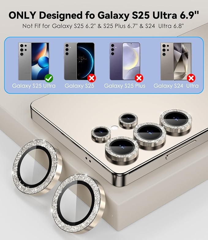 CloudValley for Samsung Galaxy S25 Ultra Camera Lens Protector Bling | 9H Tempered Glass + Aluminum Alloy Lens Protective [Glitter Decoration] Ultra-HD Camera Cover,Glitter Titanium Gray - Image 6