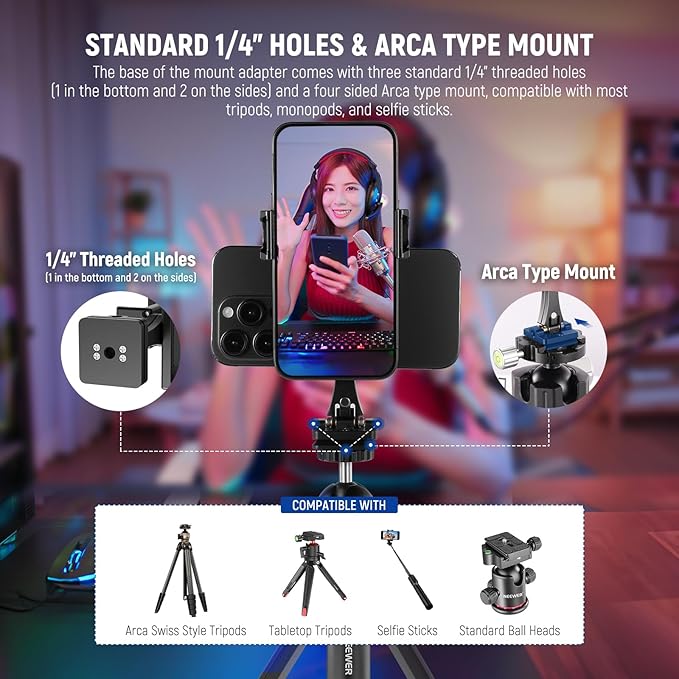 NEEWER Metal Phone Tripod Mount Adapter with Arca QR Base, 360° Rotatable Dual Cell Phone Clip Clamp Holder with 4 Cold Shoes Compatible with iPhone Samsung for Vlog Live Stream Video Recording, SP-08 - Image 5