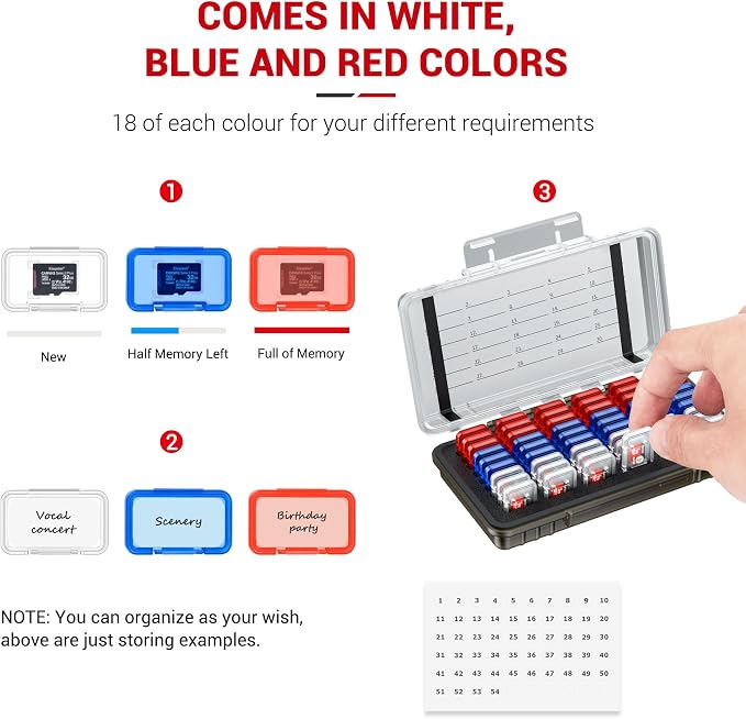 Dual Protect Waterproof MicroSD Card Case w 54 Small Plastic TF Card Cases | 54 Slots,Transparent,Water-Resistant Camera Memory Card Holder,for 54x MicroSD MicroSDHC MicroSDXC MSD,w Carabiner & Labels - Image 3