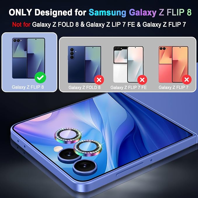 Meshine for Samsung Galaxy Z Flip 8 Camera Lens Protector,Scratch Proof,Strong Adsorption,9H Hardness with Metal Ring Camera Cover,Ultra Thin Case Friendly,Accessories Lens Protector,Shiny Colorful - Image 2