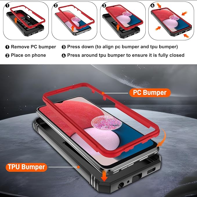 Gritup for Samsung Galaxy A13 4G Case with 2PCS Screen Protector, Build in 360° Rotating Ring Kickstand, Military Grade Protective Cover for A13 4G Phone, Red+Black - Image 4