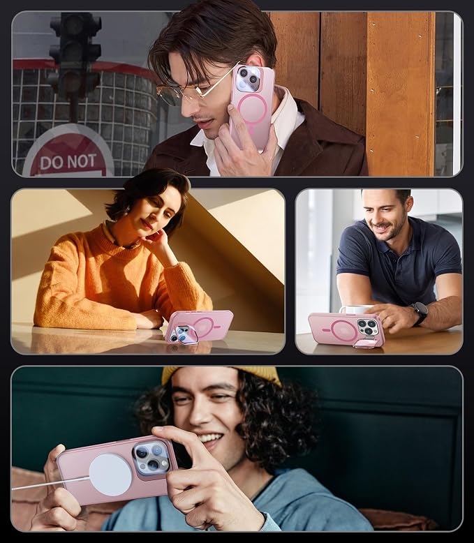 VOFATA for iPhone 15 Pro Case with Camera Cover Stand [Built-in 9H Camera Lens Protector][Fit for Magsafe] Military Grade Shockproof Translucent Matte Magnetic Phone Case 6.1", Pink - Image 6