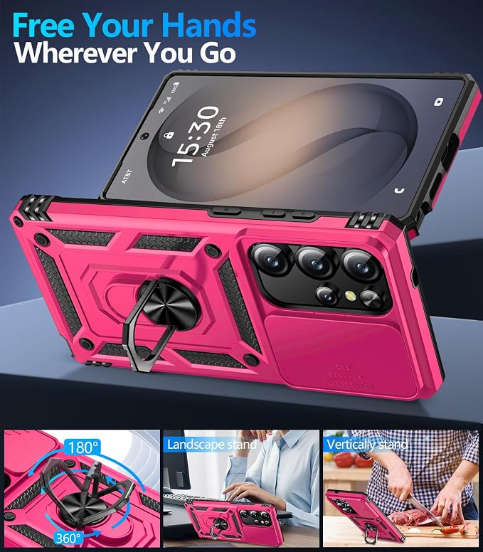 Taisairu for Samsung Galaxy S26 Ultra Case with Screen Protector & Slide Camera Lens Cover, Built-in Magnetic Ring Stand Shockproof Protective Phone Case for Samsung S26 Ultra Case (Hot Pink) - Image 3