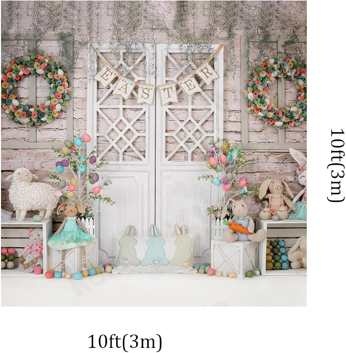 Kate 10x10ft Happy Easter Photography Backdrops Colorful Eggs | Cute Rabbit Toy Photographic Background Retro Wall White Door Baby Shower Newborn Shooting Backdrop - Image 2