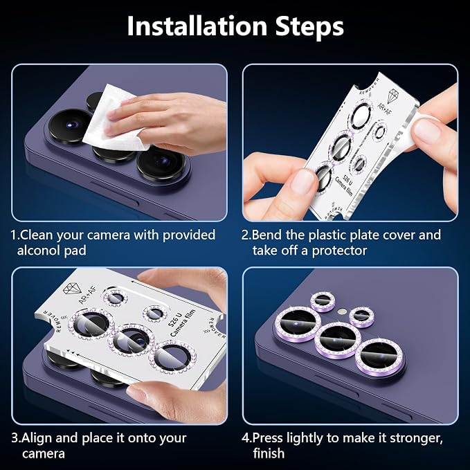 for Samsung Galaxy S26 Ultra Camera Lens Protector, Individual Metal Ring Tempered Glass Lens Cover, [Strong Adsorption] Scratch Resistant Ultra-Thin HD Clear Lens Cover, 1 Set-Purple Diamond - Image 7