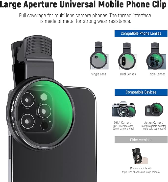NEEWER 52mm CPL Filter for Phone, Clip On Circular Polarizing Lens Filter with Phone Clip, Case & Cleaning Cloth Compatible with iPhone 17 16 Android Samsung Galaxy S25 Ultra Camera, FL-26 - Image 4