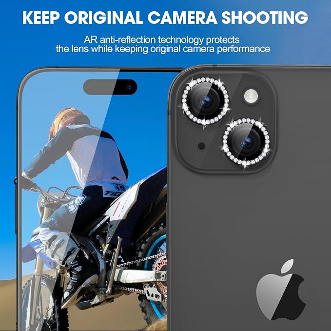 for iPhone 15/15 Plus Camera Lens Protector Bling Diamond, Black | Individual Metal, 9H Hardness, Scratch Resistant, Shockproof, Drop Protection, Case Friendly, Stylish Accessories - Image 4