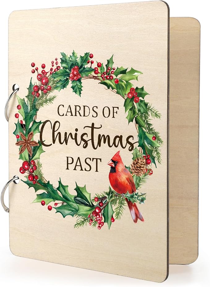 Wooden Christmas Card Organizer Merry Christmas Greeting Card Holder Xmas Holiday Post Cards Keeper Wood Memories Book or Binder for Storage Keepsake Album Photo Notes Gift Winter Past by Sophena