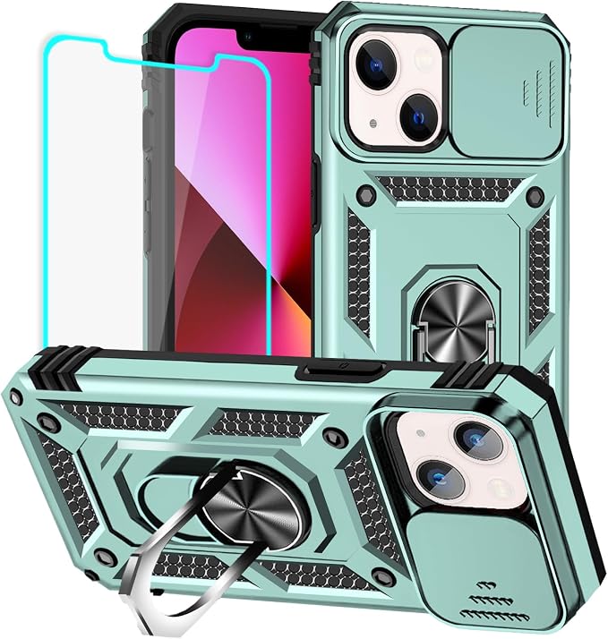 HNHYGETE for iPhone 13 Case with HD Screen Protector: [Military Grade 20ft. Drop Tested] Slide Camera Cover Ring Shockproof Protective Phone Case for - iPhone 13 (Dark Green) by HNHYGETE