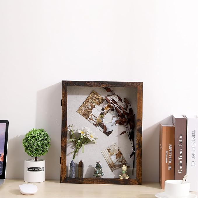 Muzilife 11x14 Shadow Box Picture Frame, 2.16 Deep, HD Glass, Honey Brown | FSC-Wood, Magnetic Door, Linen Interior & Pins, Vertical, Horizontal Wall Hanging, Display Case Frame for Photos & Keepsakes - Image 7