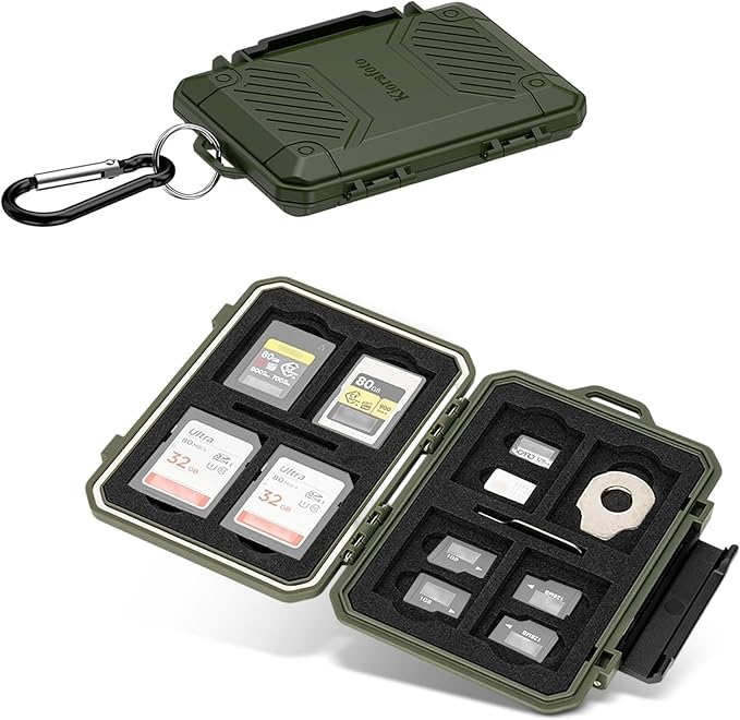 Memory Card Case with 18 Slots, IP67 Waterproof Anti-Shock Travel Camera Memory Card Holder for 8 SD SDHC SDXC Cards & 4 MicroSD TF MSD & 4 CFexpress Type-A Cards & 2 Nano SIM Storage - Green by Kiorafoto