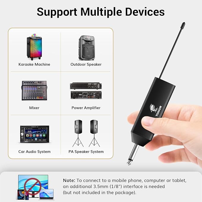TONOR UHF Wireless Microphone System, 2 Sets Bodypack & Lavalier Mic | UHF Headset Lapel Mic, Rechargeable Receiver, 15 Channels 60 m/200ft Range 1/4" Output for Teaching, Recording ,Tour Guide - Image 5