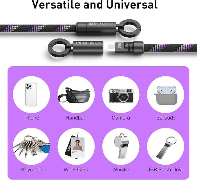 Hand Wrist Strap Lanyard Built in USB-C Fast Charging Cable Reflective Nylon Braid Anti Theft Phone Camera Strap Travel Photographers Rope for Phone DSLR DJI, Rotatable Metal Buckles (0.9FT) - Image 4